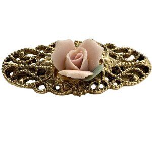 Small Dainty Porcelain Rose Bar Brooch Pin Gold Tone Open Work Floral Design